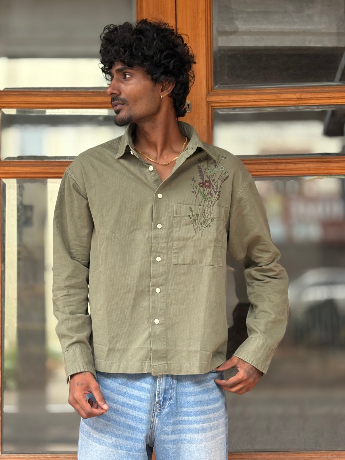 Green Rfd Corduroy Embroidery Shirt