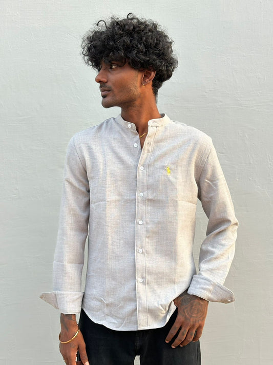 Light Grey Linen Blended Mandarin Collar Shirt