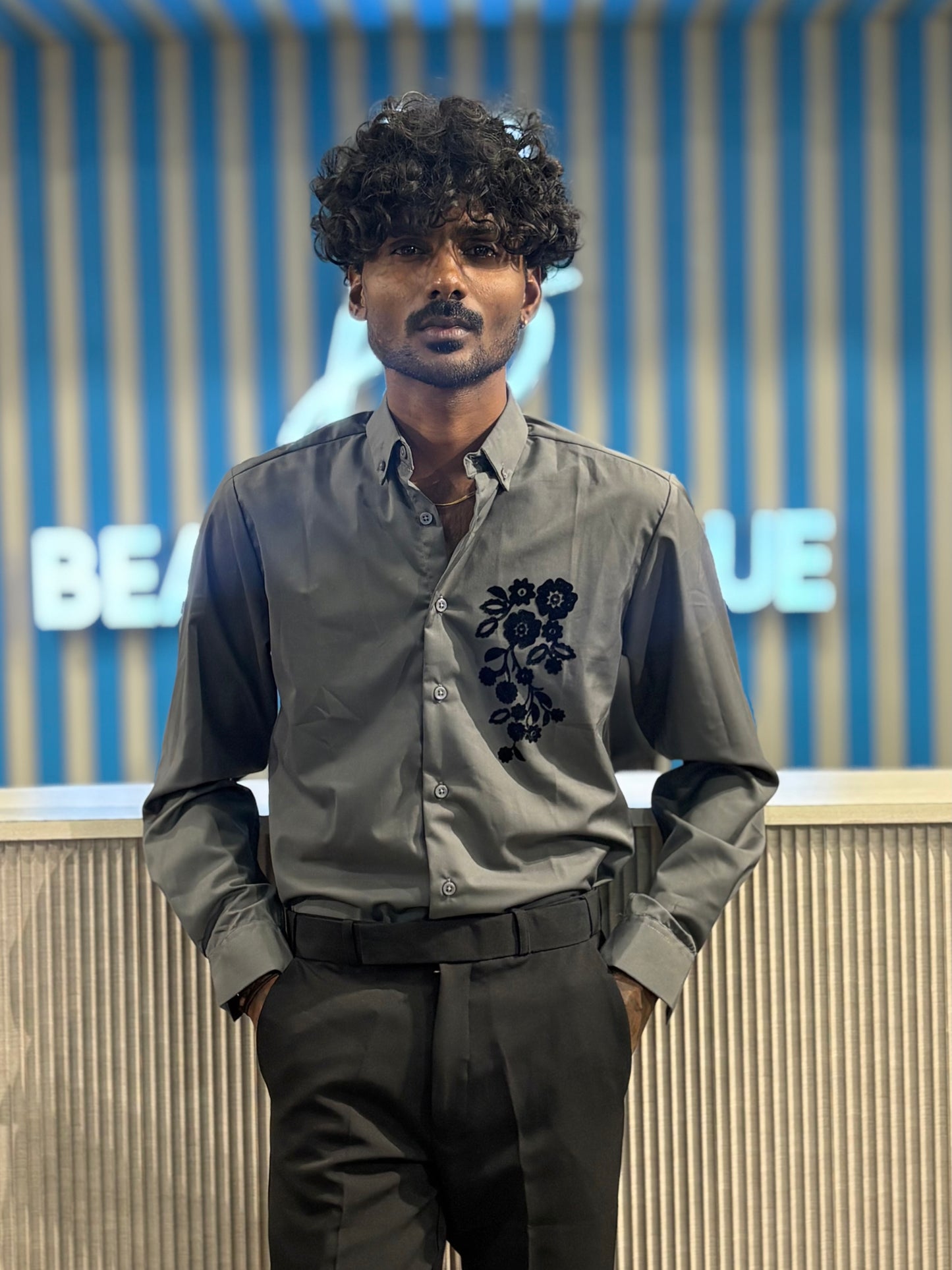 Grey Velvet Embroidery Designer Shirt