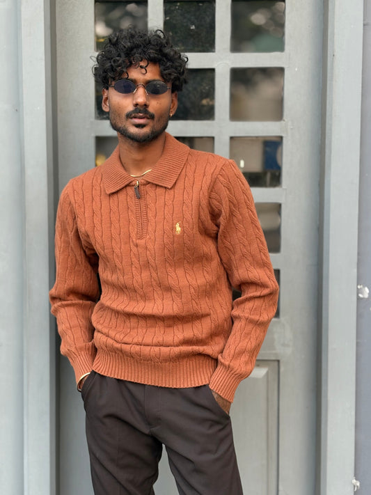 Brown Zipper Polo Full Sleeve Tshirt