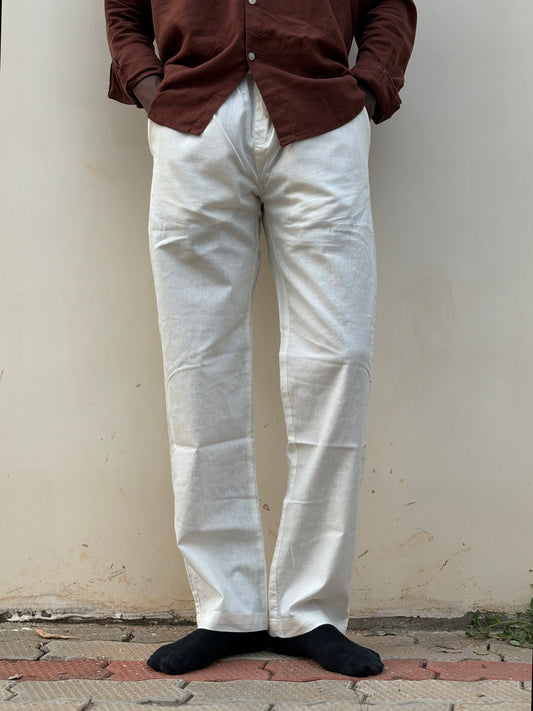 Off White Linen Relaxed Fit Draw String Pants