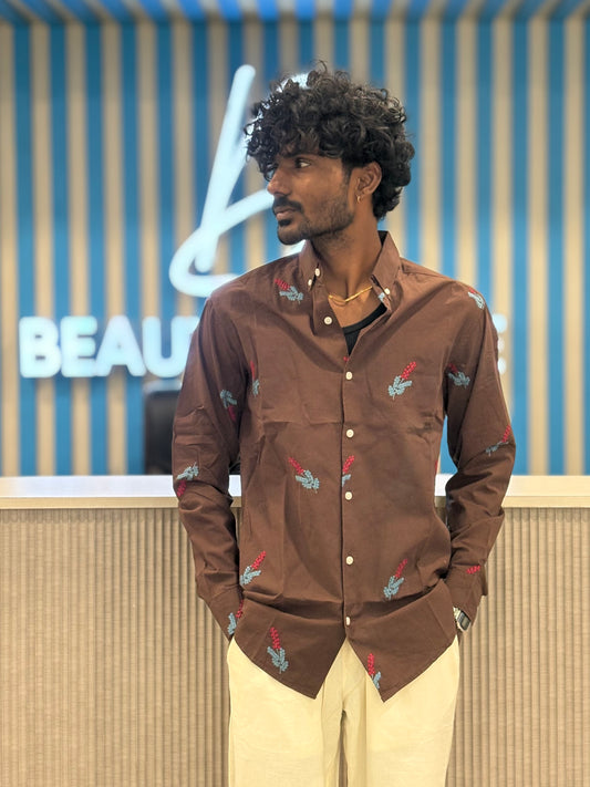 Brown Linen Embroidery Shirt
