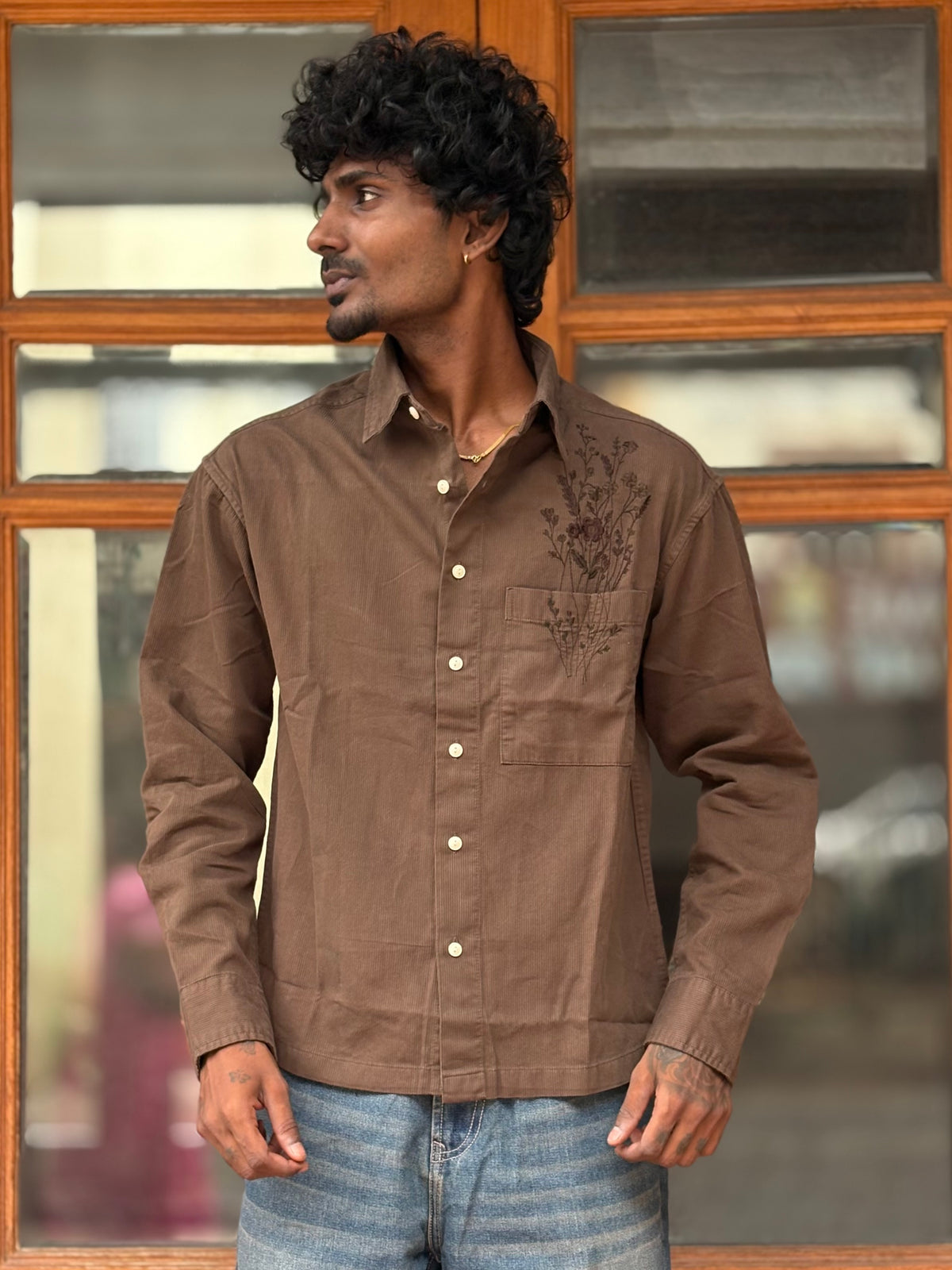 Brown Rfd Corduroy Embroidery Shirt