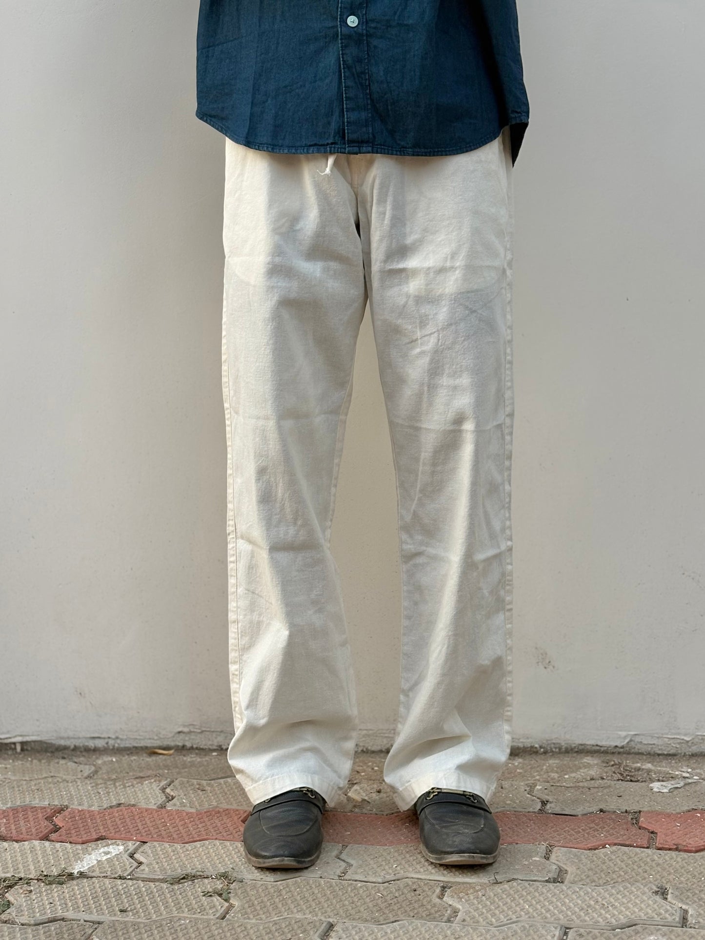 Beige Linen Relaxed Fit Draw String Pants