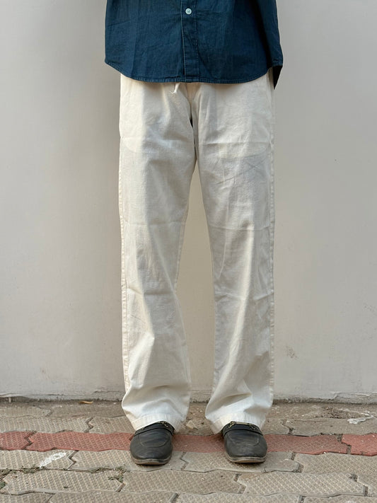 Beige Linen Relaxed Fit Draw String Pants