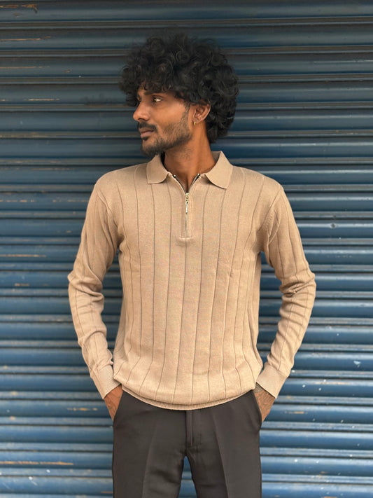 Beige Zipper Polo Full Sleeve Tshirt