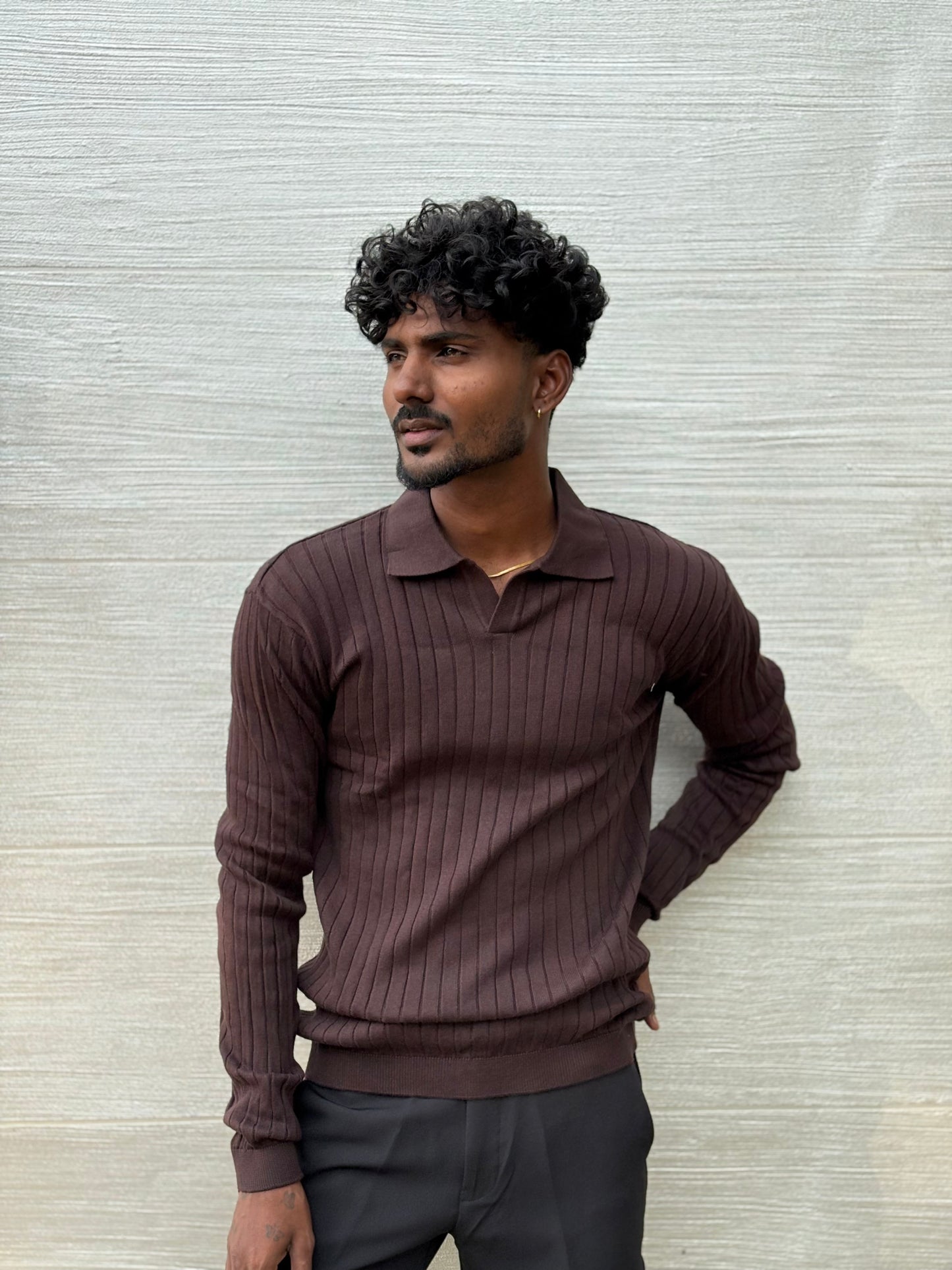Brown Textured Full Sleeve Polo T-shirt