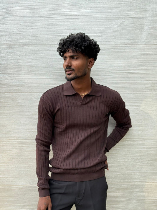 Brown Textured Full Sleeve Polo T-shirt