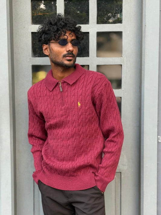 Maroon Zipper Polo Full Sleeve Tshirt