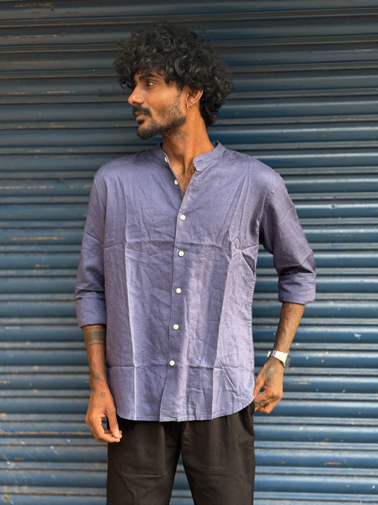 Purple Linen Mandarin Collar Shirt