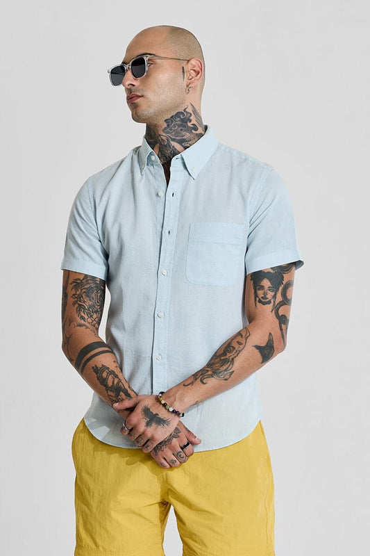 Light Blue Linen Blend Slim Fit Shirt