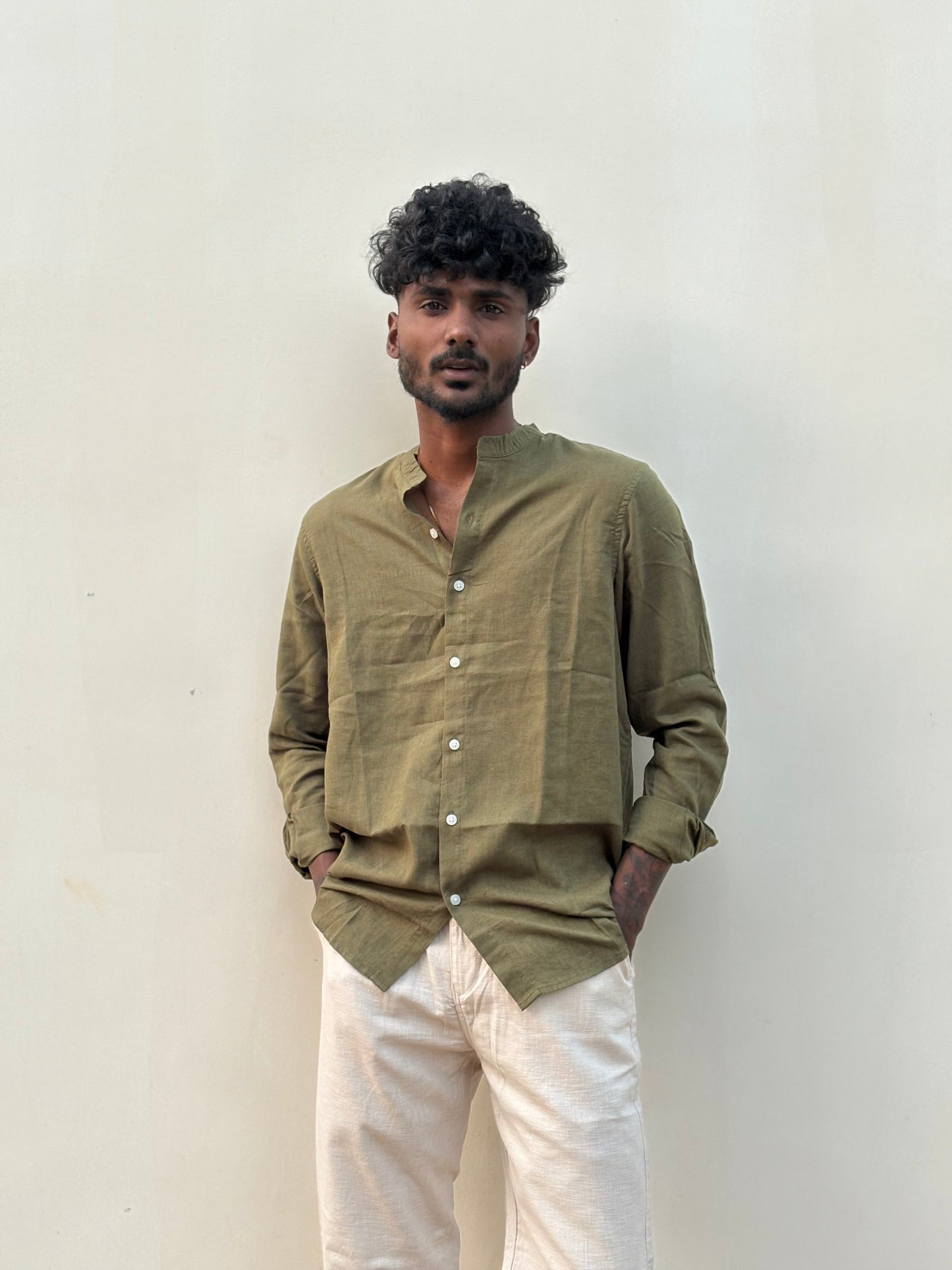 Olive Green Linen Mandarin Collar Shirt