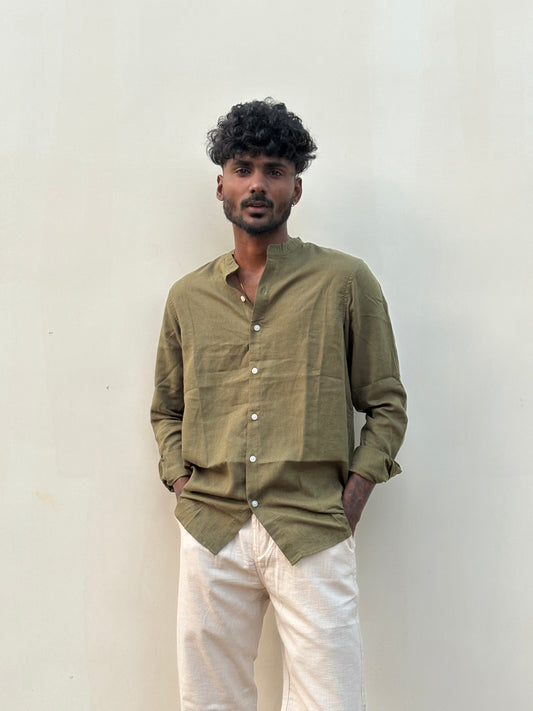Olive Green Linen Mandarin Collar Shirt