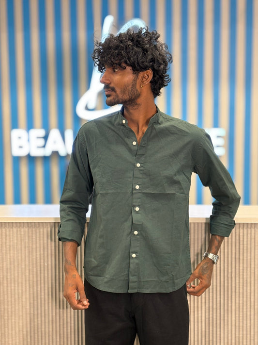 Dark Green Linen Mandarin Collar Shirt
