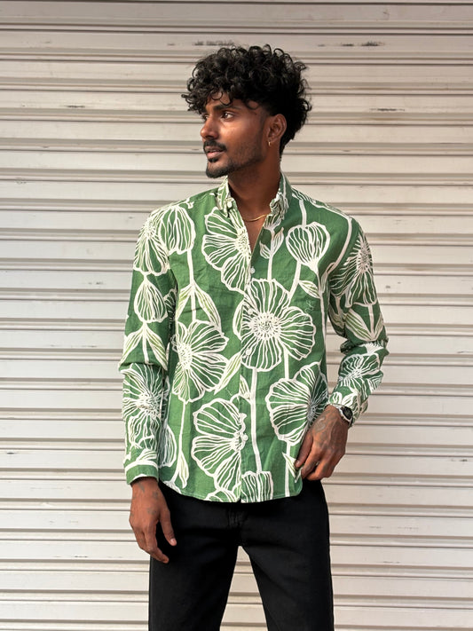 Green Linen Printed Shirt