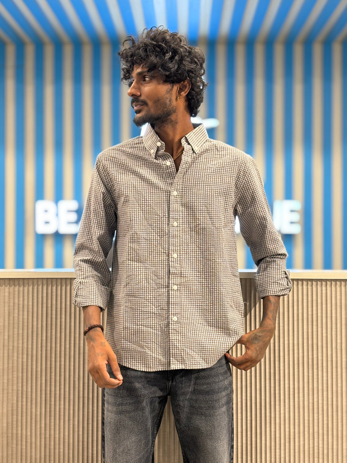 Brown And White Micro Checked Shirt