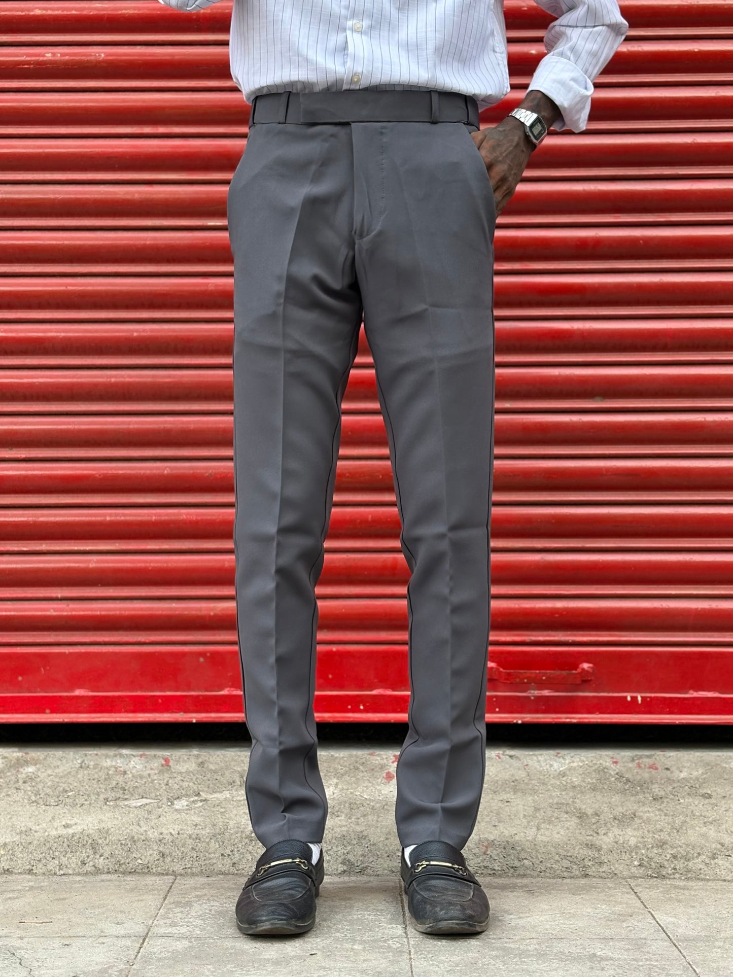 Dark Grey Polo Fit Flexi Waist Formal Pants