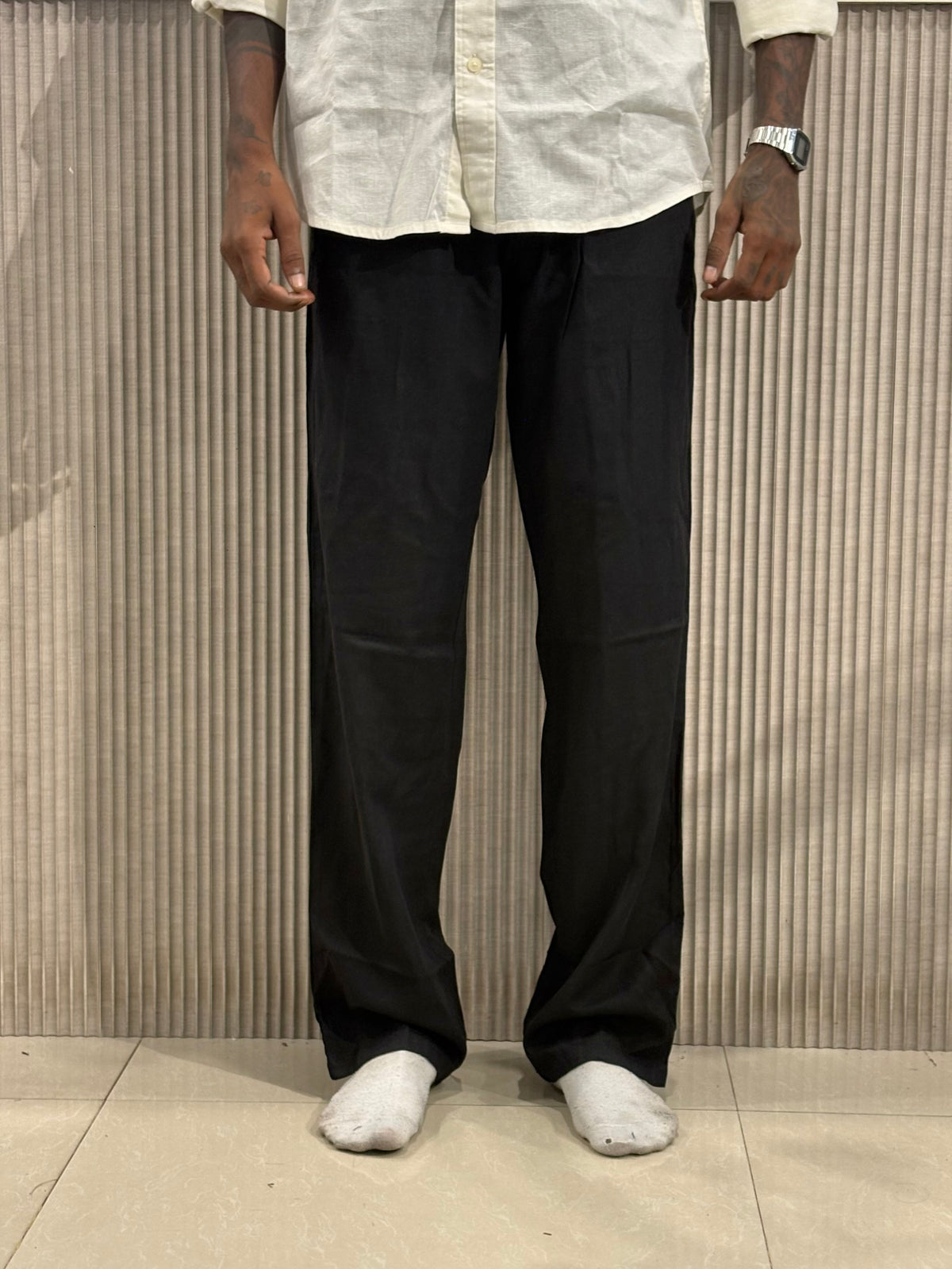 Black Linen Relaxed Fit Draw String Pants