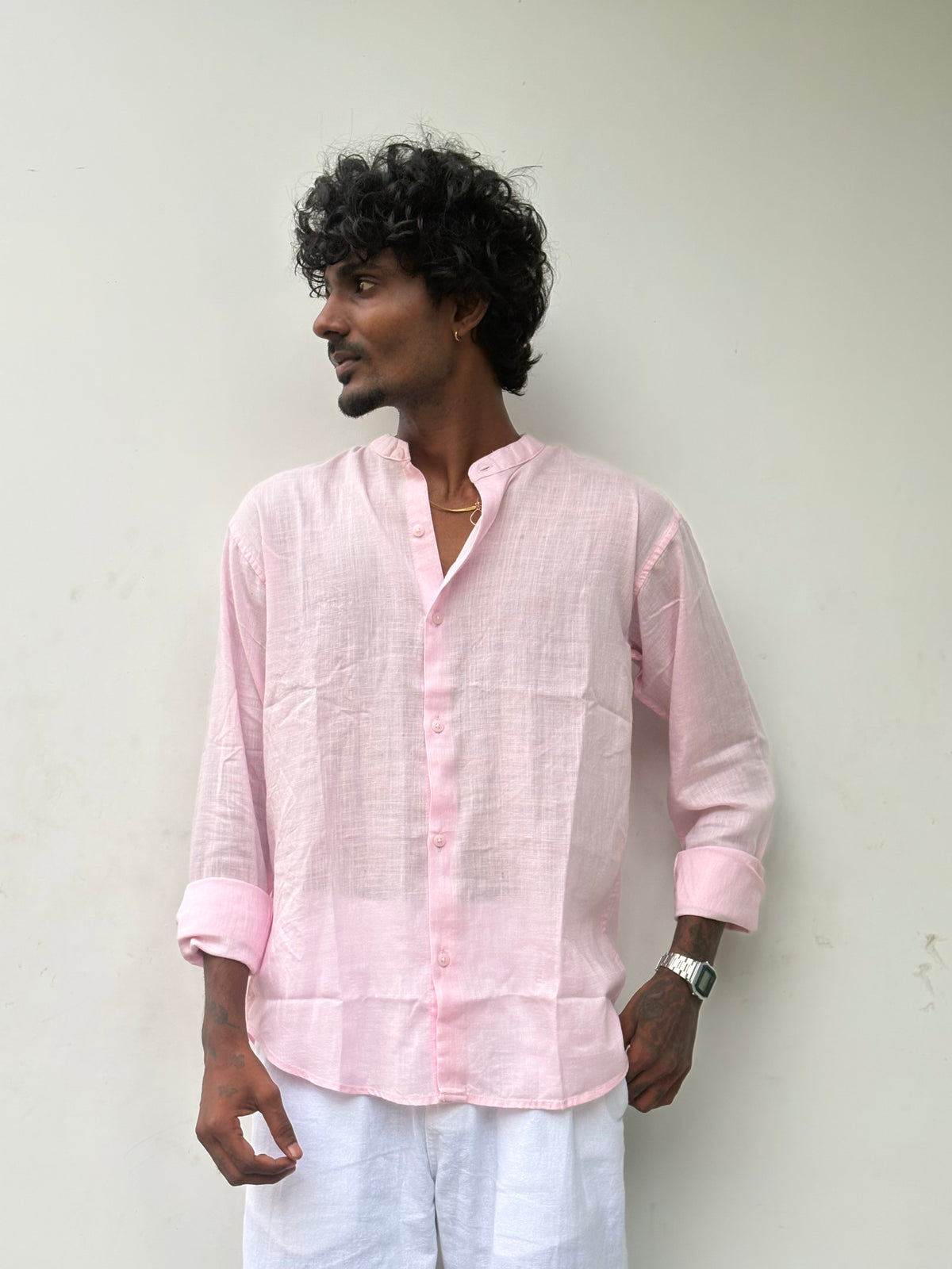 Light Pink Linen Mandarin Collar Shirt
