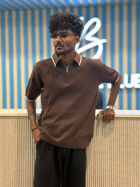 Brown Zipper Polo Tshirt