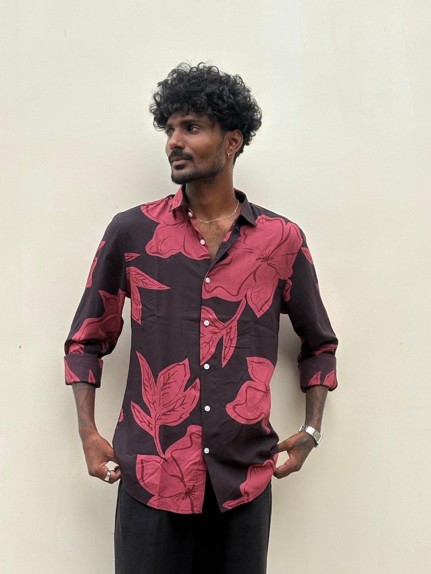 Black And Red Rayon Viscose Printed Shirt
