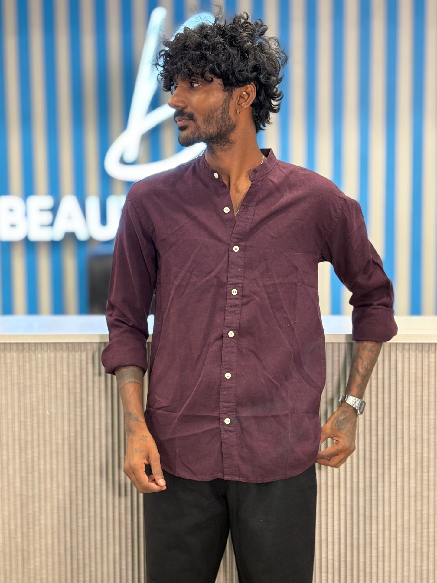 Wine Linen Mandarin Collar Shirt