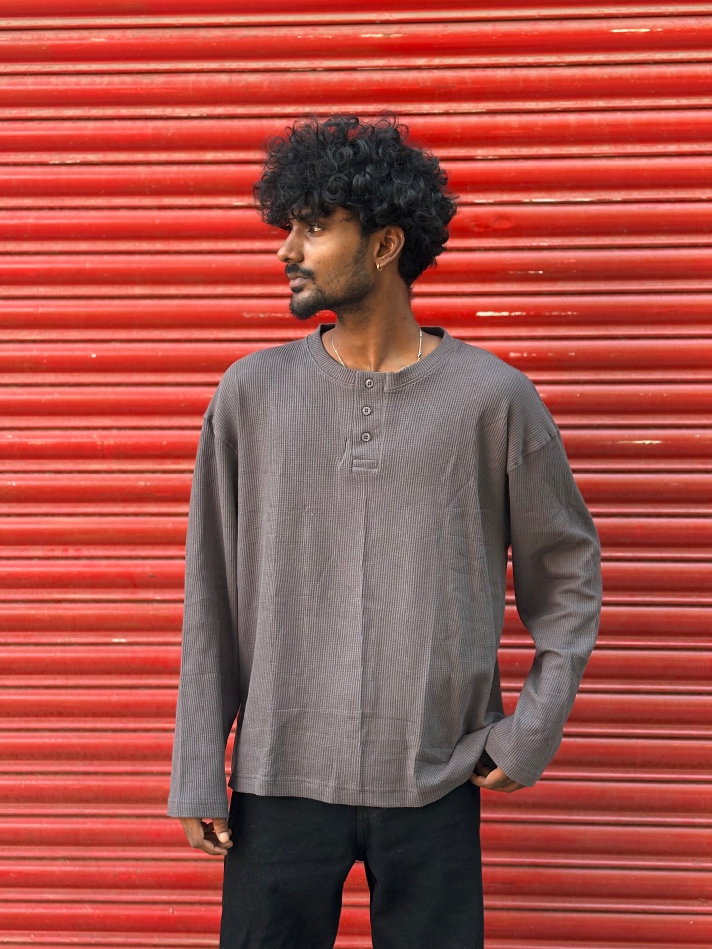 Dark Grey Henley Full Sleeve Tshirt