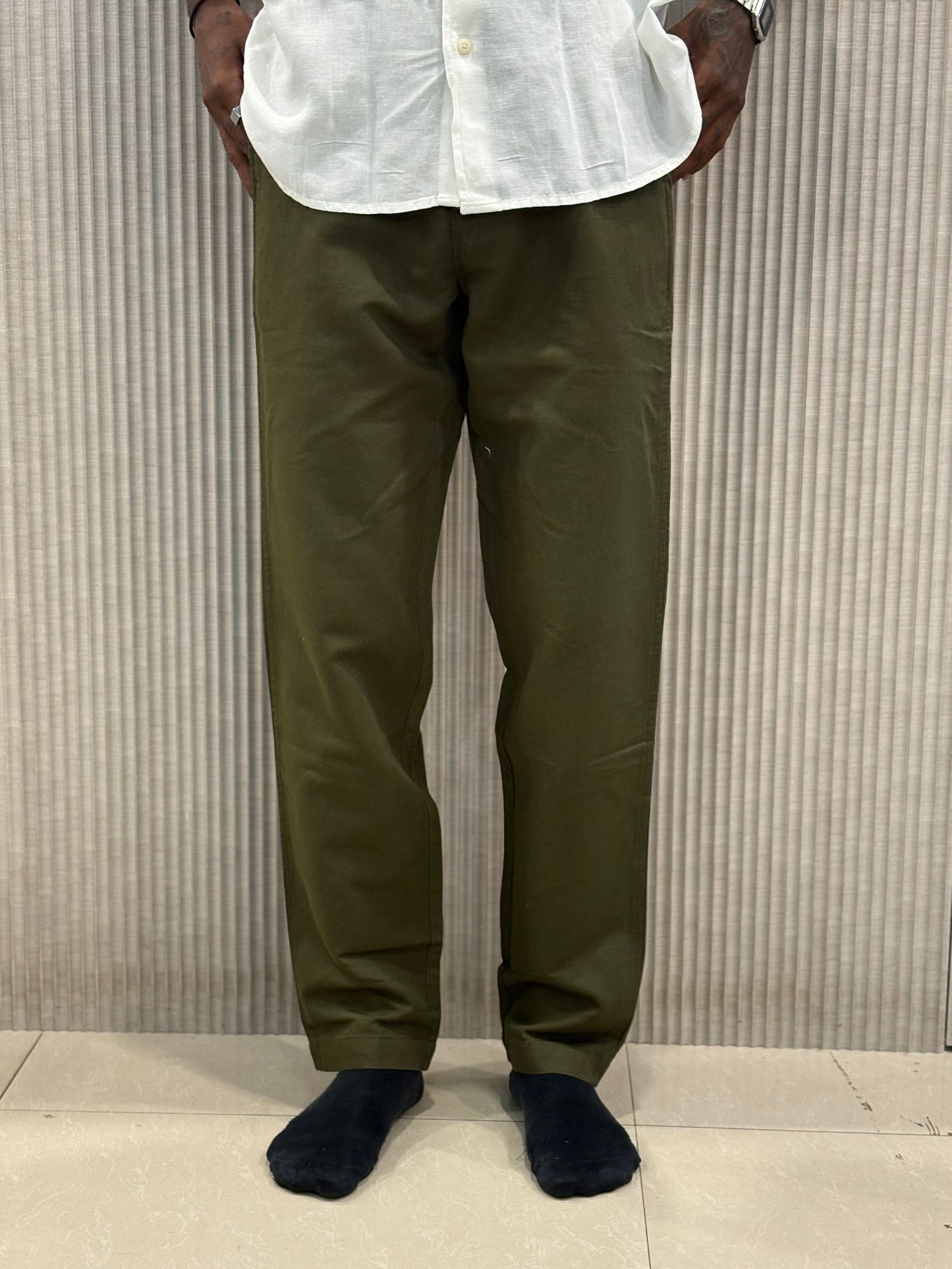 Olive Green Linen Relaxed Fit Draw String Pants