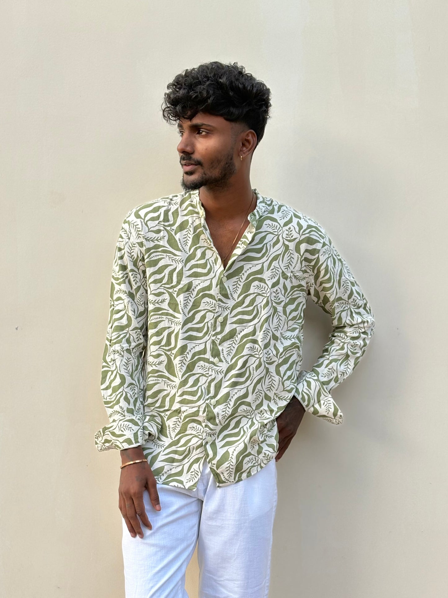 Green Linen Mandarin Collar Shirt