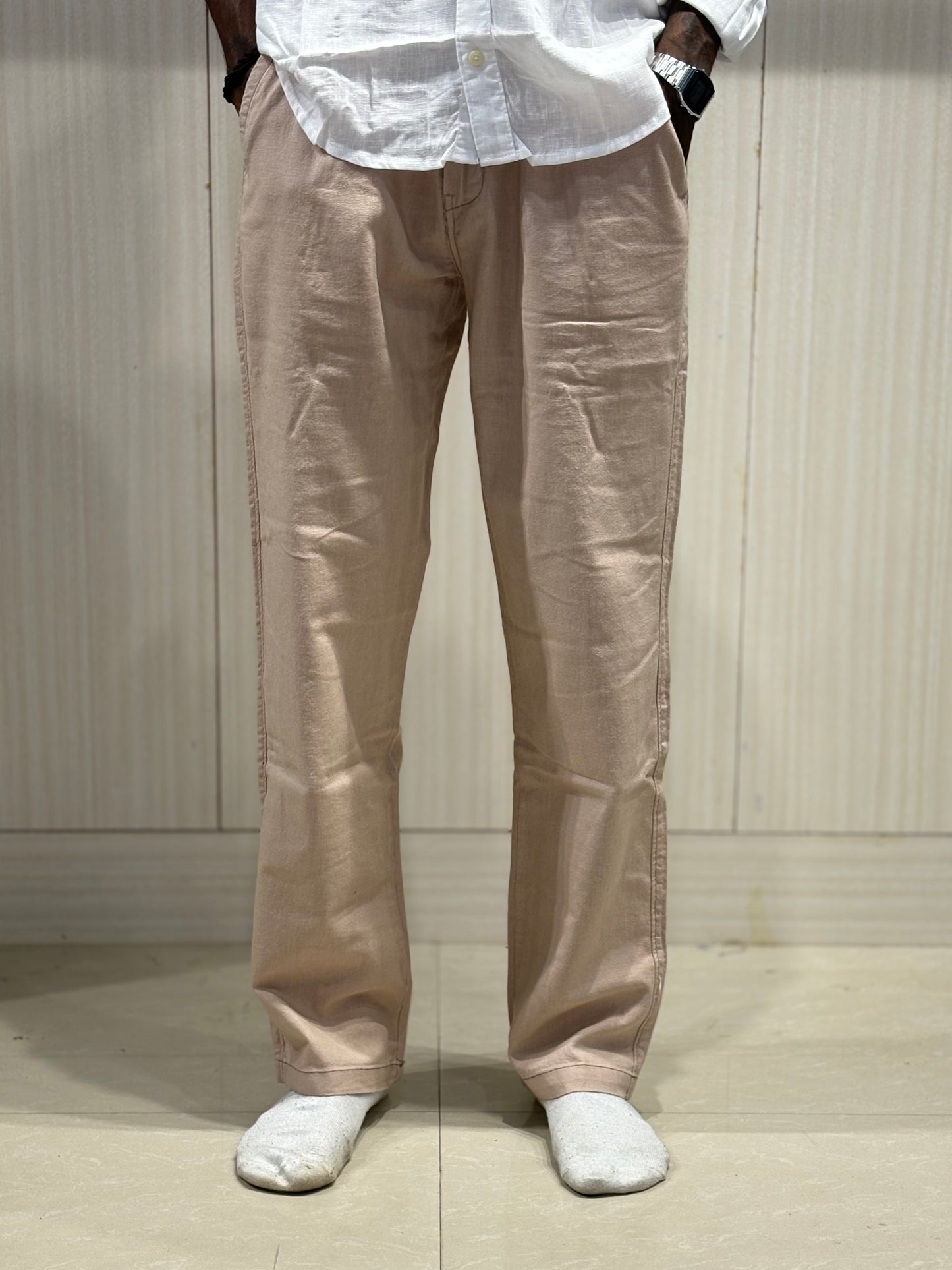 Beige Linen Relaxed Fit Draw String Pants