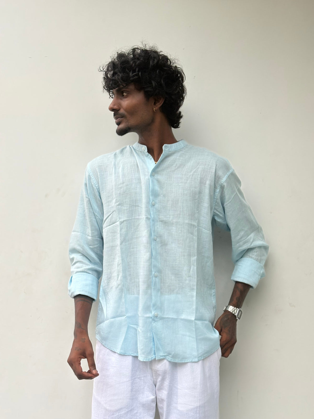 Light Green Linen Mandarin Collar Shirt