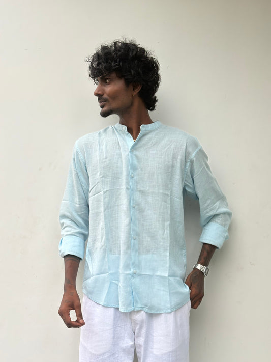 Light Green Linen Mandarin Collar Shirt