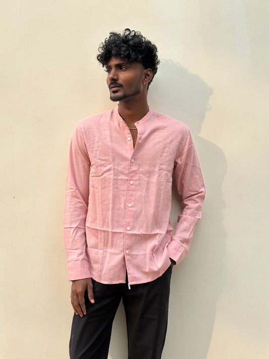 Pink Linen Mandarin Collar Shirt