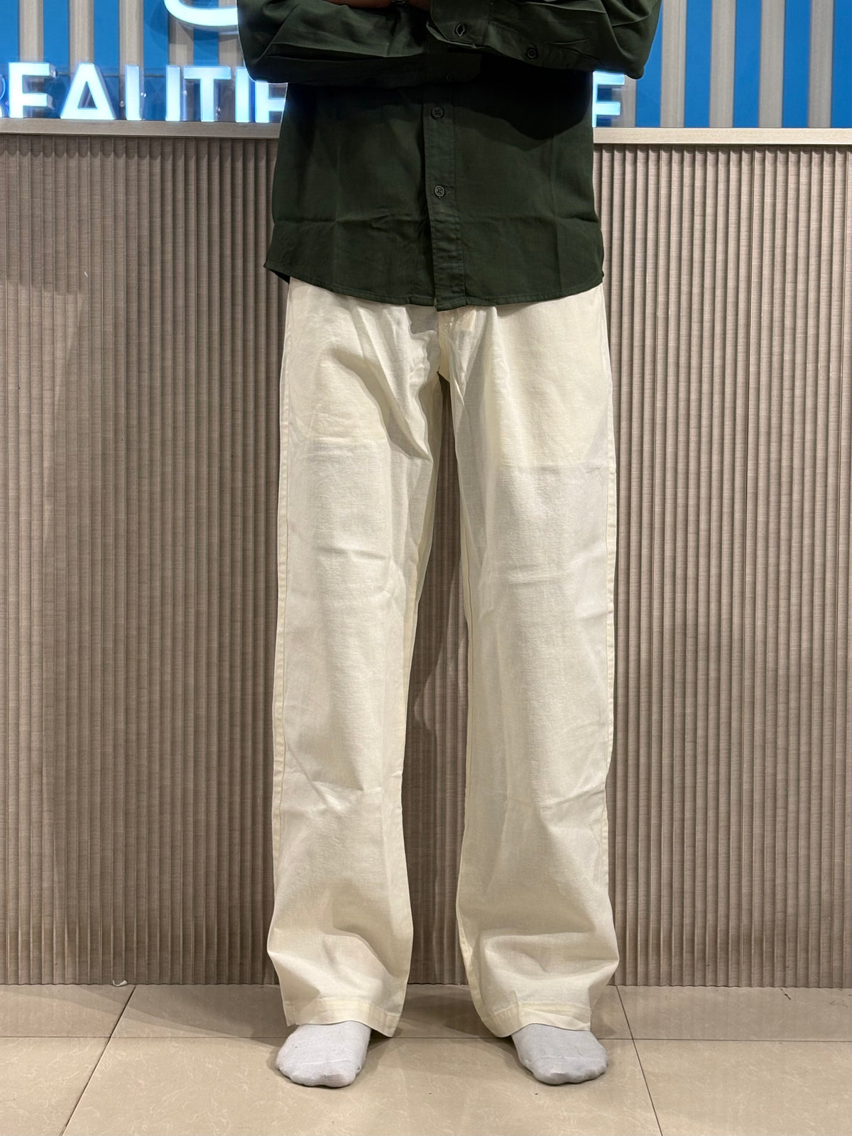 Cream Linen Relaxed Fit Draw String Pants