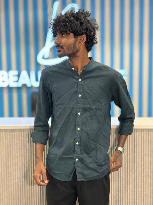 Teal Green Linen Mandarin Collar Shirt