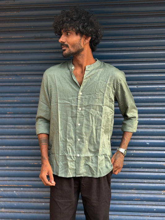 Green Linen Mandarin Collar Shirt