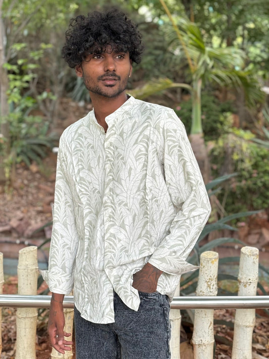 White And Green Mandarin Collar Shirt