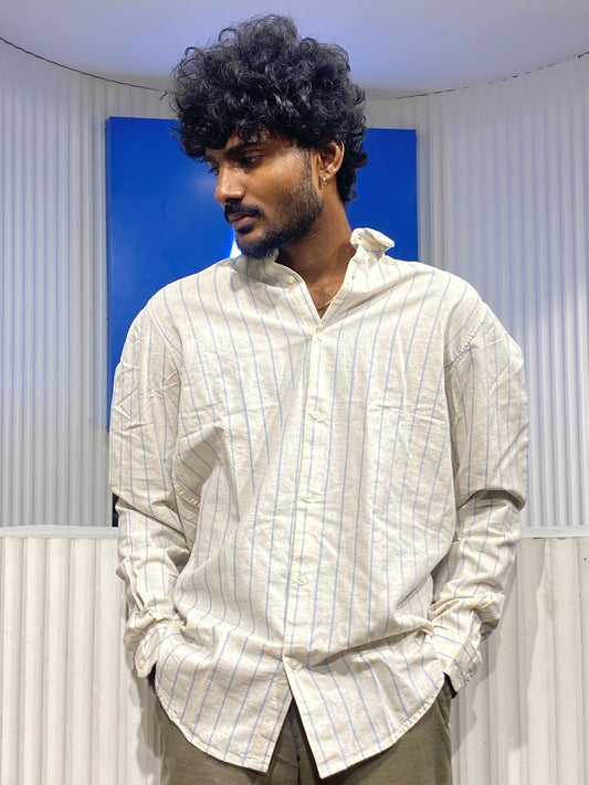 Beige And Blue Striped Linen Shirt