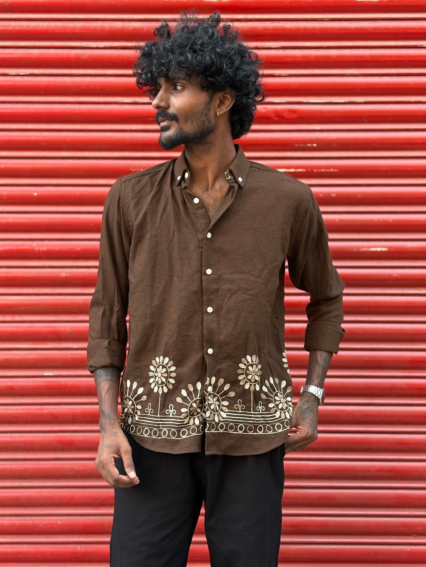 Brown Bottom Embroidery Shirt