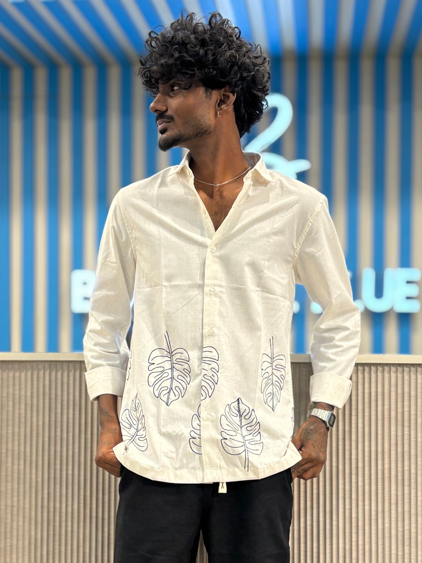 Off White Linen Bottom Embroidery Shirt