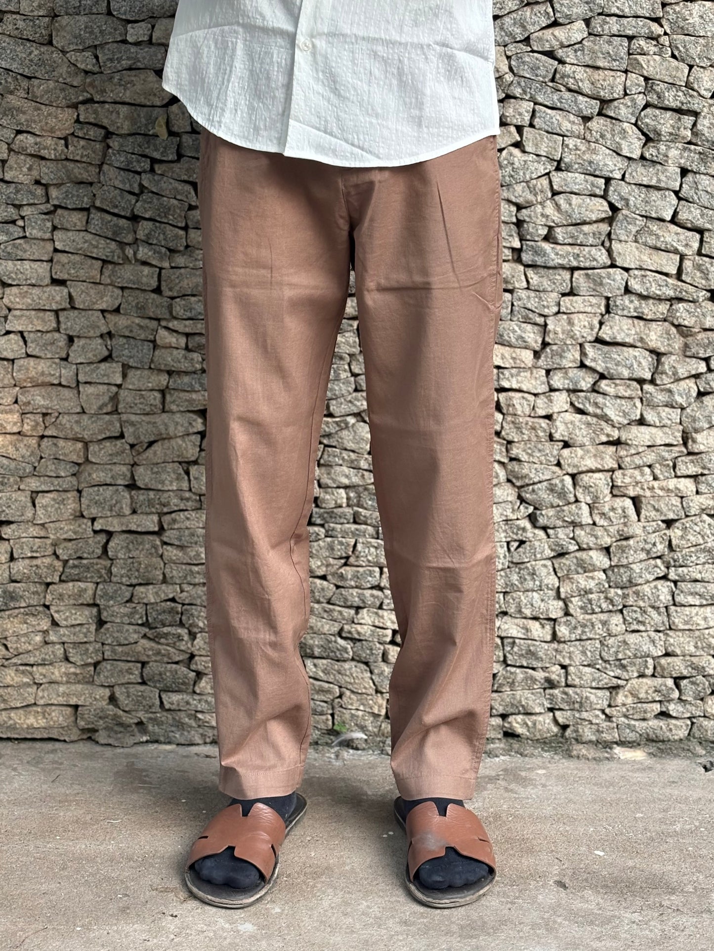 Brown Linen Relaxed Fit Draw String Pants