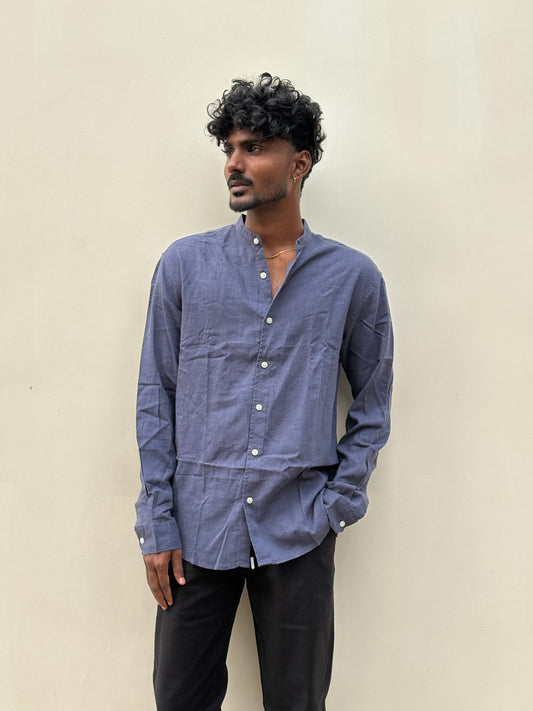 Blue Linen Mandarin Collar Shirt