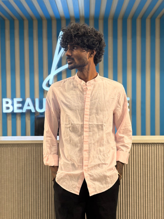 Light Pink Linen Mandarin Collar Shirt