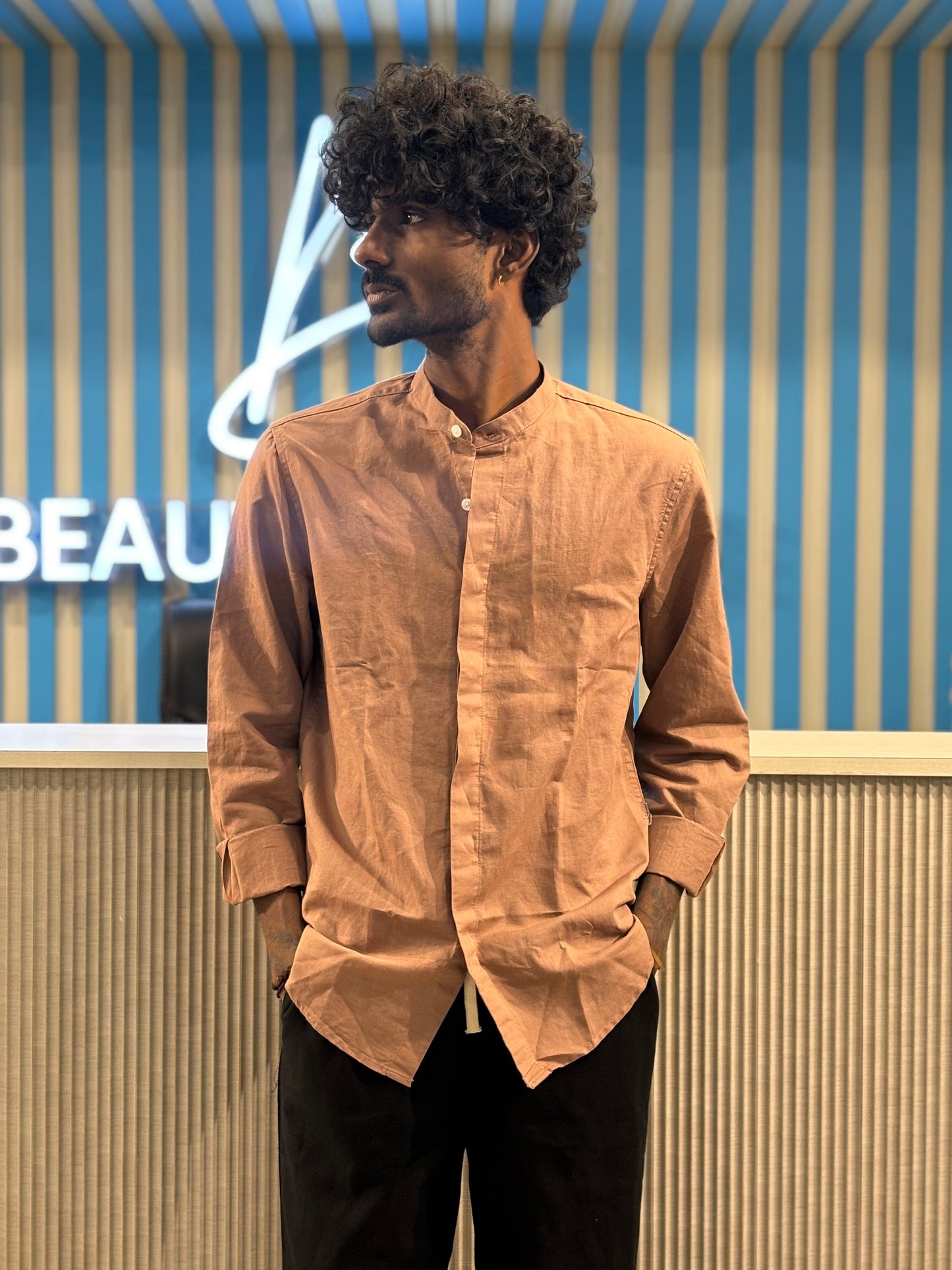 Brown Linen Mandarin Collar Shirt