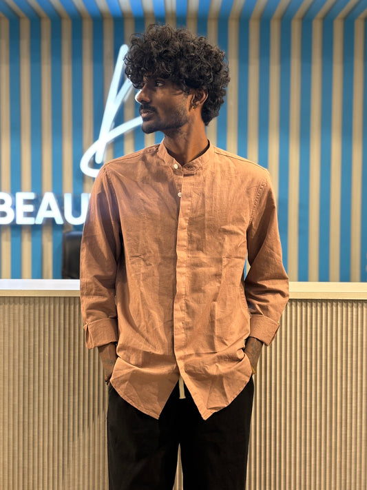 Brown Linen Mandarin Collar Shirt