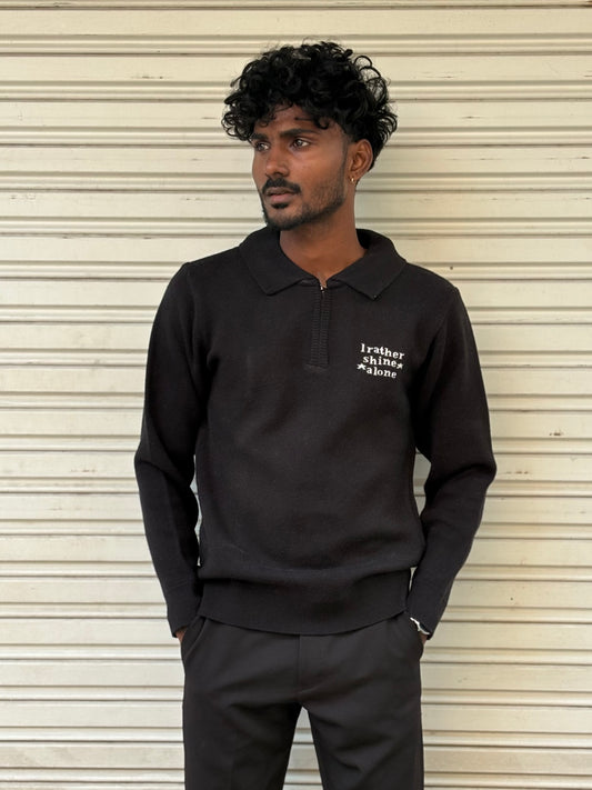 Black Zipper Polo Full Sleeve Tshirt