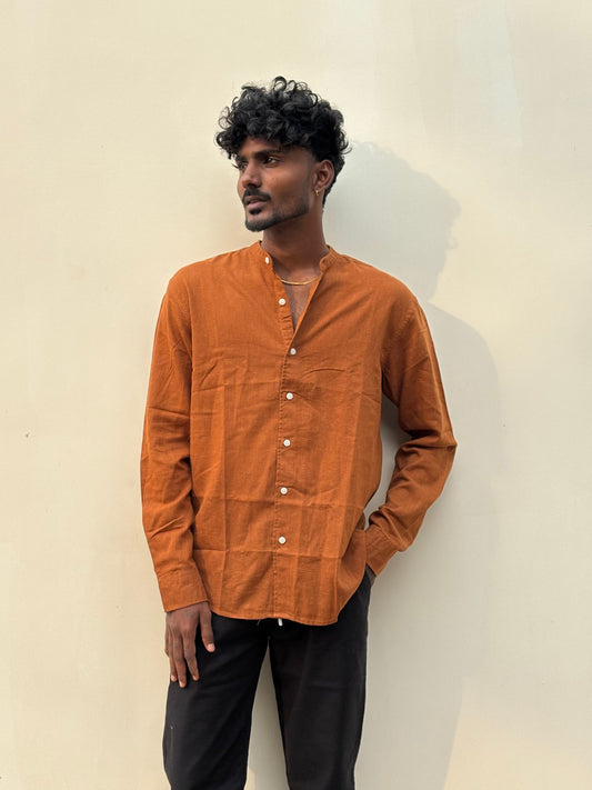Brown Linen Mandarin Collar Shirt