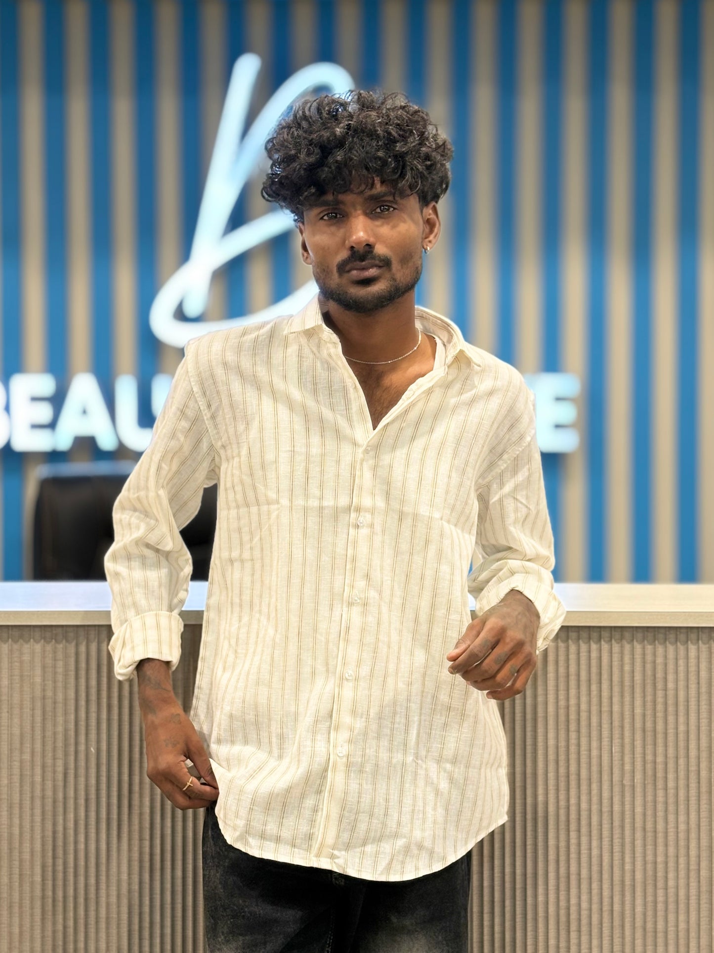 Beige Linen Striped Shirt
