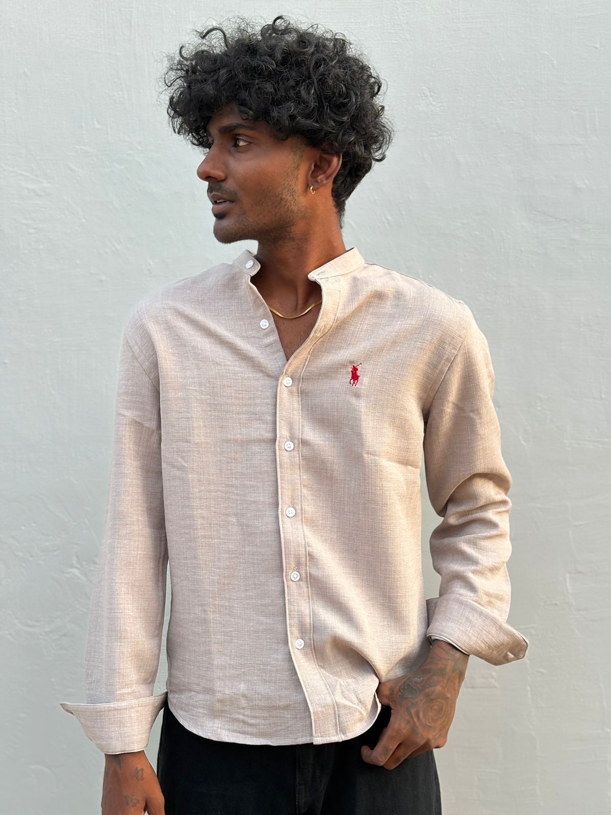 Sandle Linen Blended Mandarin Collar Shirt