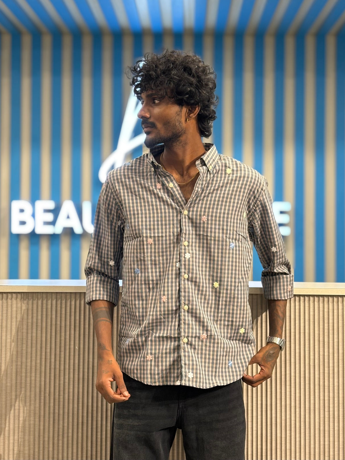 Beige Embroidery Checked Shirt